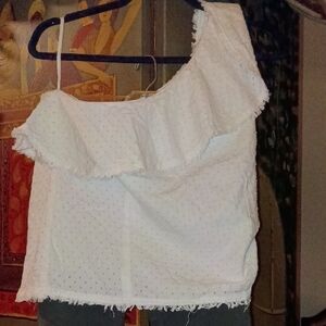 cloth & stone White One-Shoulder Ruffle Eyelet Crop Top